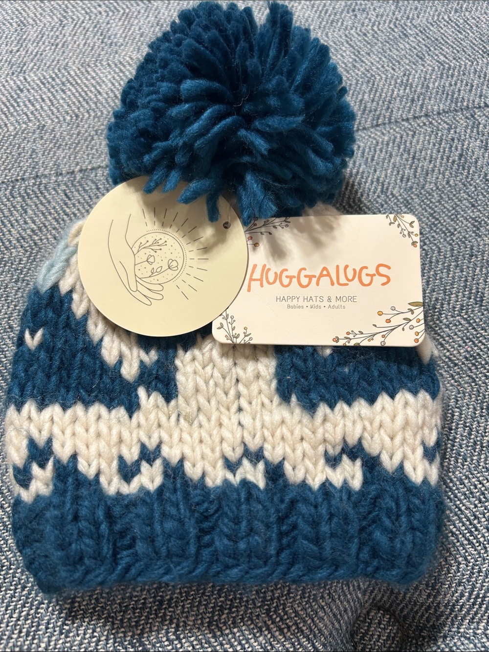 Kids Pom Knit Whale Beanie in Teal and Cream